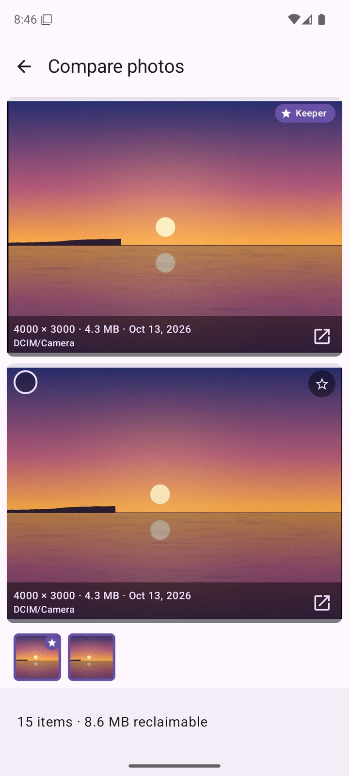 Compare photos: two near-identical sunset photos one above the other, the top one marked Keeper, each labelled 4000 by 3000, 4.3 MB, Oct 13, 2026, DCIM/Camera, with a button to open it in another app. Thumbnails of the two photos below.
