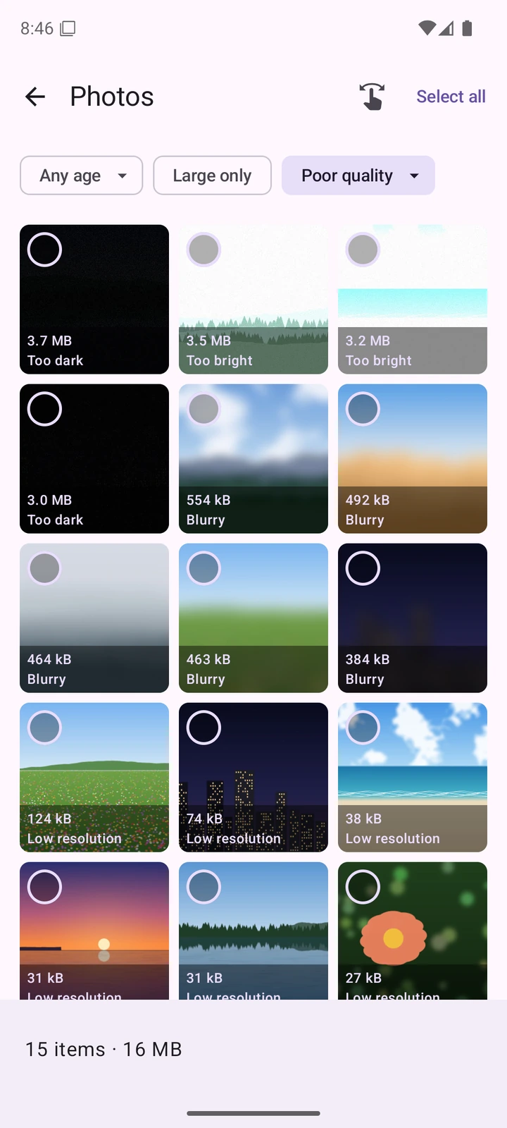 The Photos screen with the Poor quality filter on: a grid of fifteen photos, each labelled with its size and its reason, Too dark, Too bright, Blurry or Low resolution. The footer reads 15 items, 16 MB.