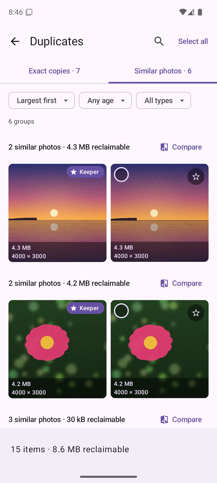 The Duplicates screen on its Similar photos tab, beside Exact copies, with 6 groups sorted largest first. Two groups of two near-identical photos, a sunset and a flower, each headed with the space it would reclaim and a Compare button; the first photo of each is marked Keeper with a star, the other has an outlined star. The footer reads 15 items, 8.6 MB reclaimable.