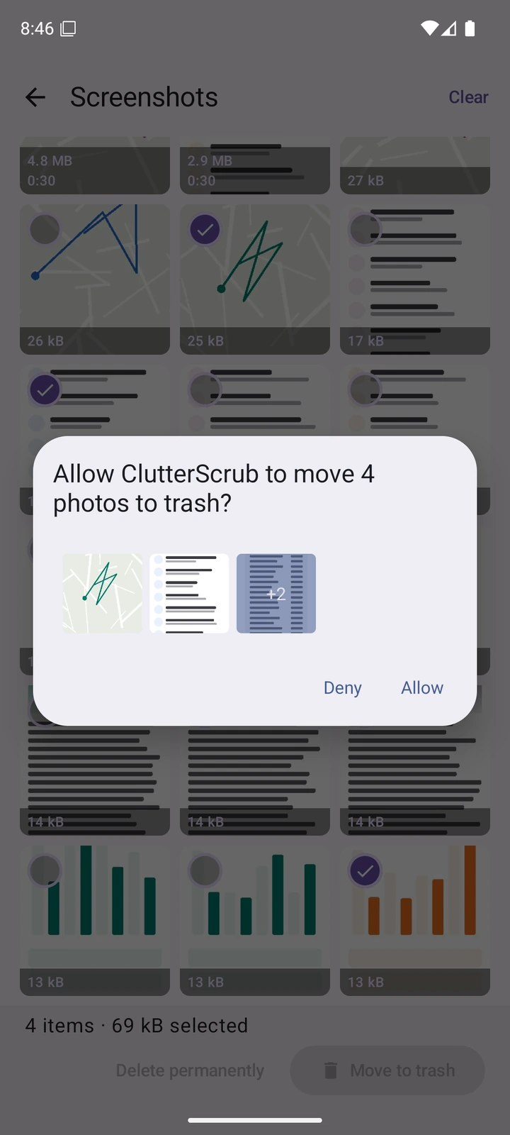 The Screenshots screen with Android's own dialog on top: Allow ClutterScrub to move 4 photos to trash?, with previews of the files and Deny and Allow buttons. Behind it, the footer reads 4 items, 69 kB selected, with Delete permanently and Move to trash.